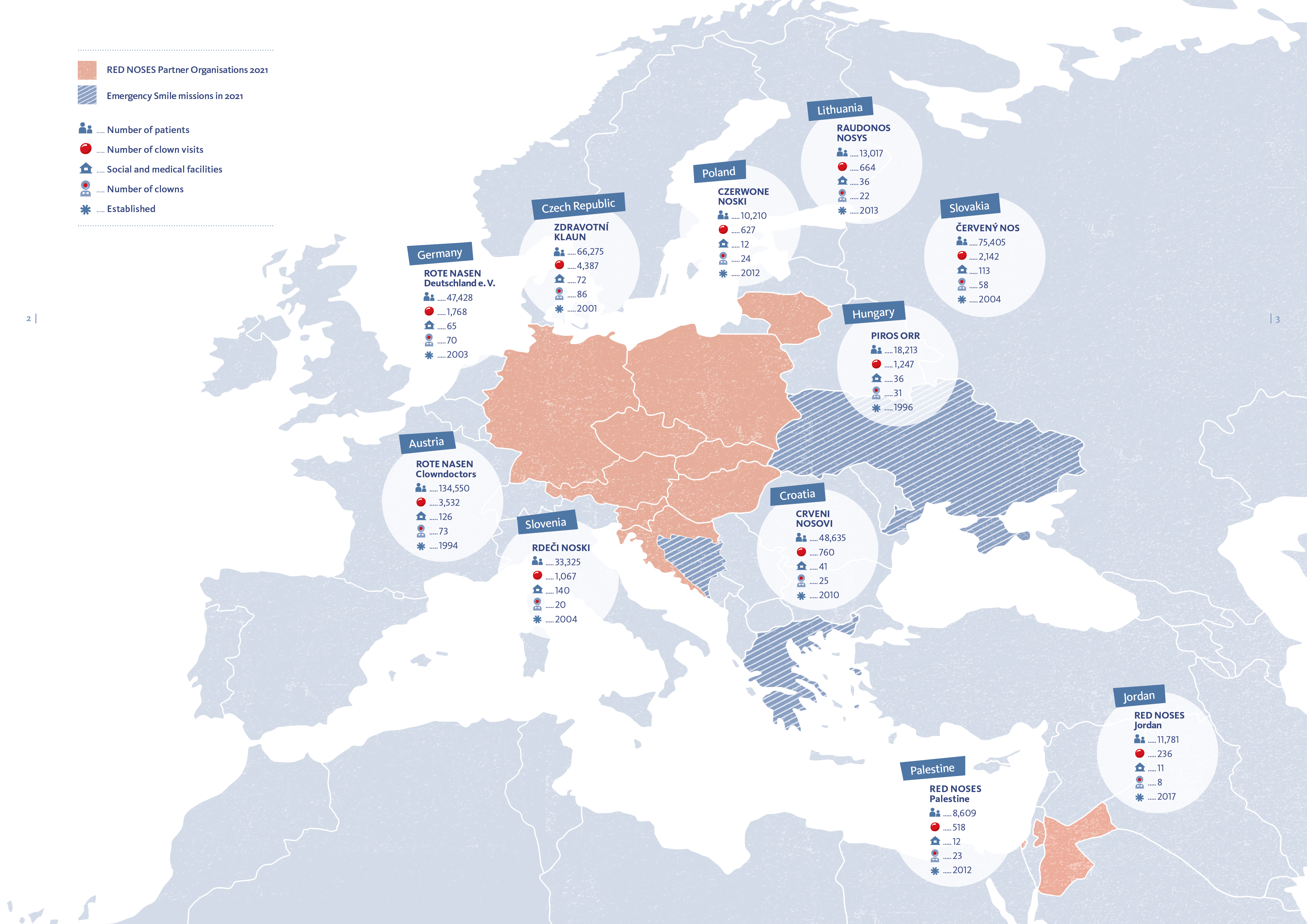 Landkarte mit allen Red Noses International Ländern und den entsprechenden Statistiken