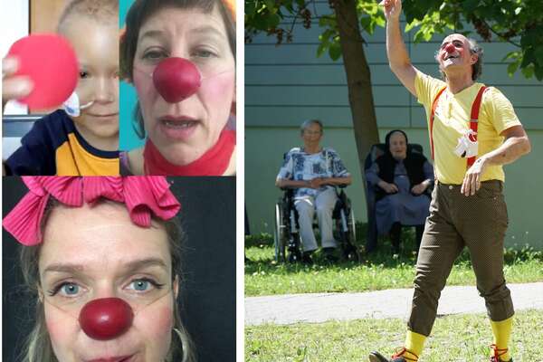 Kollage aus einem Clown der im garten Seniorinnen besucht und zwei Clowns die einen kleinen Jungen online via WhatsApp besuchen 