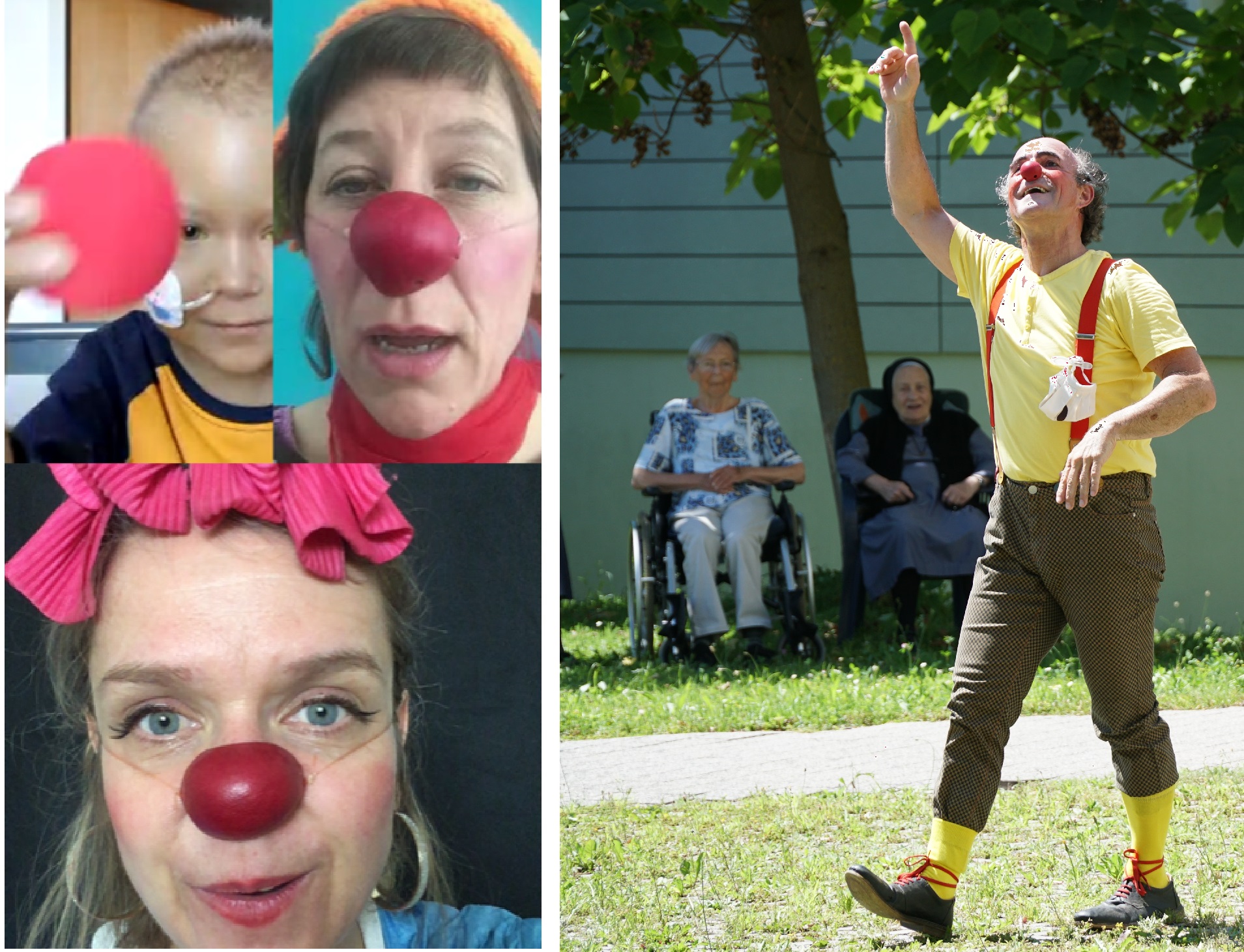 Kollage aus einem Clown der im garten Seniorinnen besucht und zwei Clowns die einen kleinen Jungen online via WhatsApp besuchen