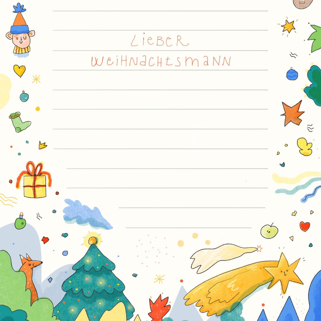 Ein Wunschzettel an den Weihnachtsmann mit weihnachtlichen Illustrationen.